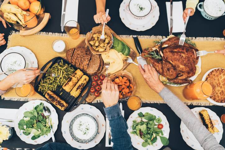 Overhead view of table during Christmas dinner